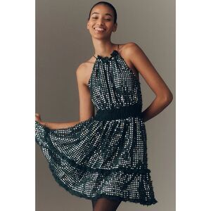 Anthropologie Somerset Shine Mini Halter Dress Dark Green SZ LG NWT Evening